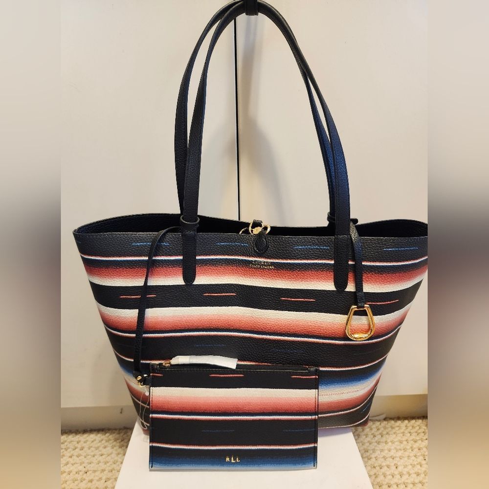 NEW Lauren Ralph Lauren Reversible Striped/Black Faux Leather Tote Bag Ret. $225